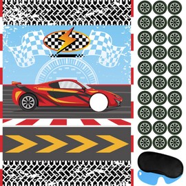 Hooqict Pin The Wheel on The Car Birthday Party Games for Kids Race Car Theme Party Supplies for Boys Monster Truck Party Decorations, Large Pin The Games Poster with 30 Wheel Stickers