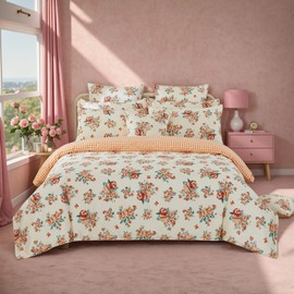 FADFAY Vintage Rose Floral Duvet Cover Set Shabby Beige Floral Bedding Yellow Grid Girls Bedding Farmhouse Bedding 100% Cotton Red Flower Comforter Cover Set with Hidden Zipper Closure 3Pcs,Full Size
