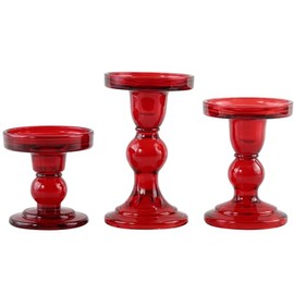GMWD 3 Pcs Red Glass Candle Holder Set Clear, Christmas Candlesticks Holders Pillar Taper Candles Tealight Stand for Wedding Centerpieces Home Decorations Dining Table
