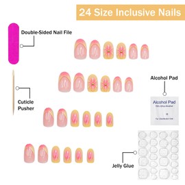Press on Nails Short Almond SWEKKE French Tip Fake Nails False Nails with Designs 3D Flower Yellow & Pink Stick on Nails Glossy Glue on Nails Acrylic Nails for Women Girls 24 Pcs