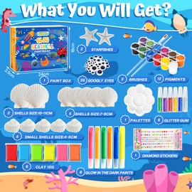 NLMWTI 14 Pieces Shells Painting Children's Set with Starfish, DIY Painting Arts & Crafts Set with 6 Colour Clay, Craft Set Stones Painting Set for Children, Creative Gifts for Girls Boys
