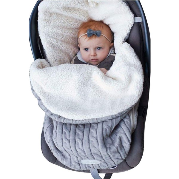 Baby Knitted Stroller Sleeping Bag Newborn Swaddle Blanket Pram Wrap Thicken Berber Fleece Lined Baby Sleeping Sack Infant Footmuff Cosy Toes Liner Warm Crib Car Seat Pram Quilt for 0-12 Month Baby