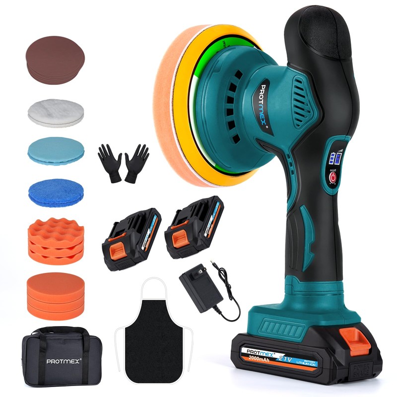 Cordless Car Buffer Polisher w/ 2x2000mAh 21V Batteries, 6 Inch