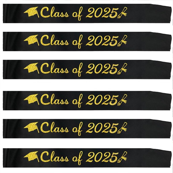 Topfunyy 6 Pieces Black Graduation Sash with Gold Glitter Class