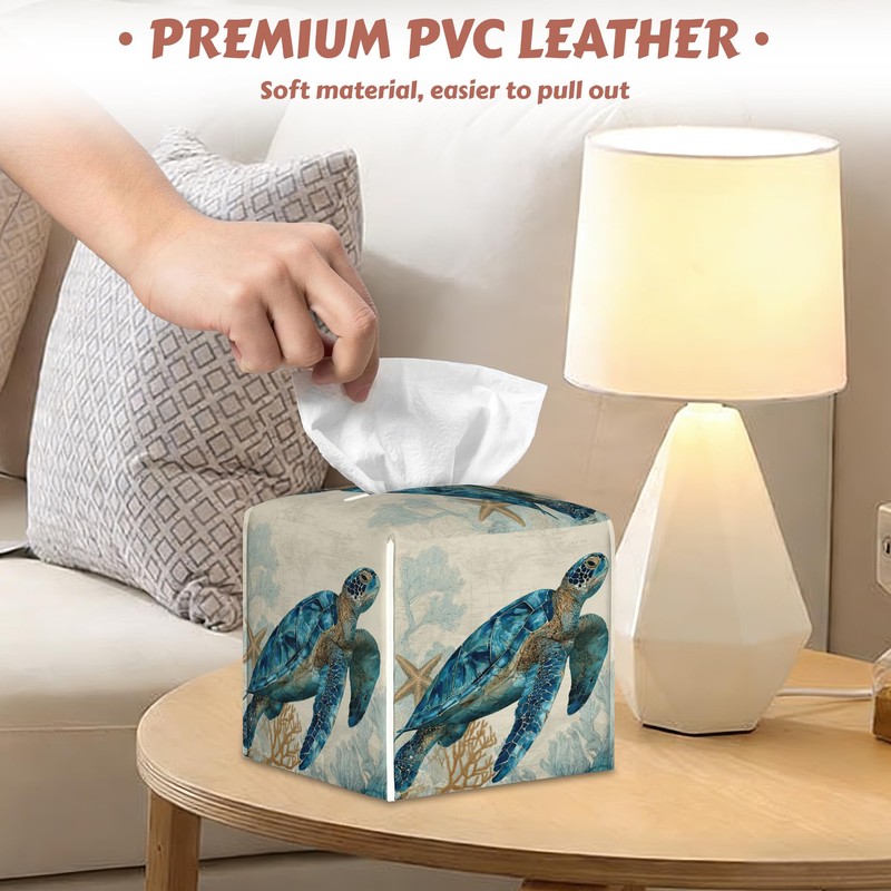Ocean Sea Turtle Tissue Box Holder, Leather Tissue Box Cover