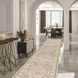 Hallway Washable Runner Rug - 2'6x14 Kitchen Rugs Entryway Rug Runner Vintage Soft Floor Mat Non Slip Indoor Farmhouse Carpet for Bathroom Living Room Bedroom (2'6'x14', Beige) | HY HAO YUN LAI