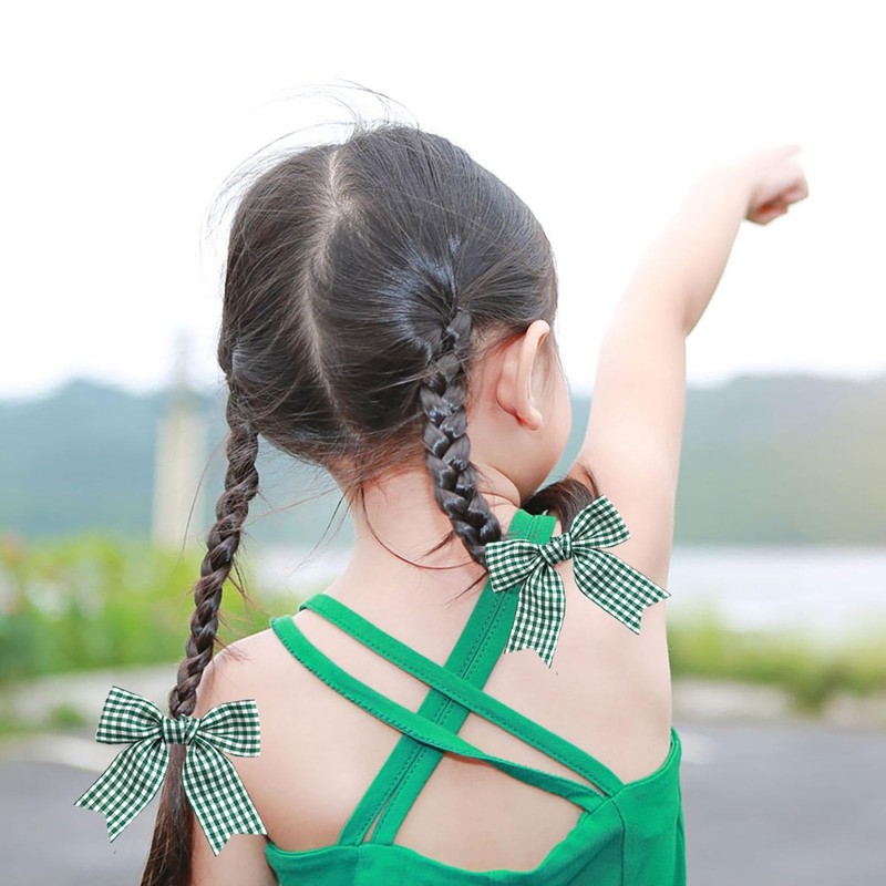 JOYFUNFABU 3Pcs Green White Gingham Hair Bow with Long Tail