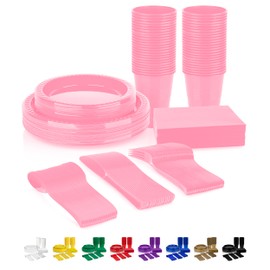 Grandipity 350 Piece Pink Disposable Dinnerware Set, Includes 50 of Each: 9" Dinner Plates, 7" Dessert Plates, 12oz Cups, Paper Napkins, Forks, Knives & Spoons