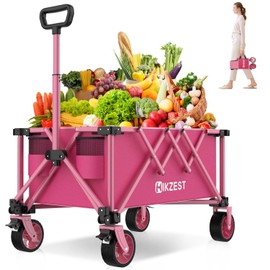 Hikzest Collapsible Wagon Cart Foldable, Utility Grocery Wagon with Wheels, Heavy Duty Lightweight Portable Folding Wagon for Outdoor Garden Sports and Shopping, Pink