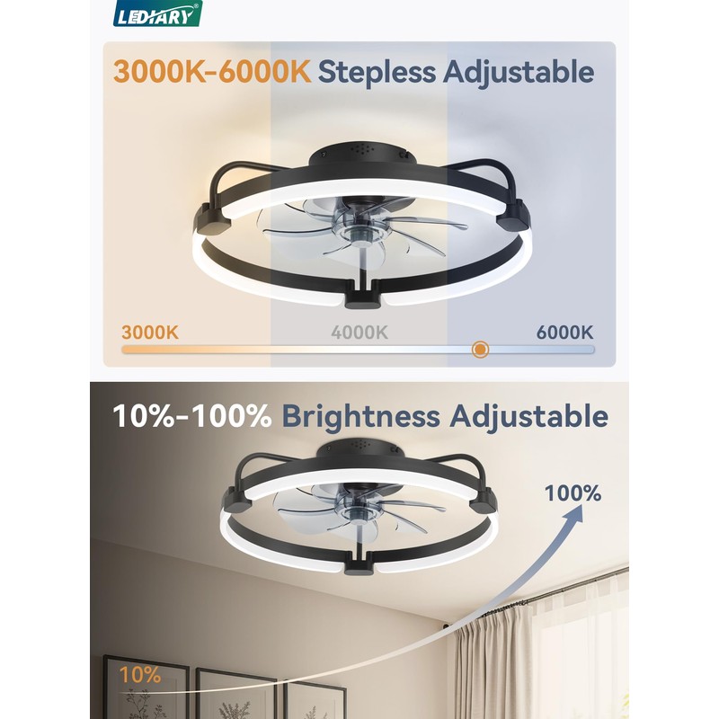LEDIARY Ceiling Fans with Lights and Remote, 20'' Low Profile