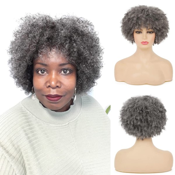 Baruisi Short Curly Afro Wigs for Women Grey Kinky Curls Synthetic Wig Gray