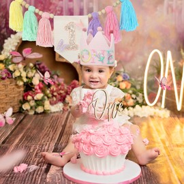 Banner de mariposa macaron para silla alta – hecho a mano Boho decoraciones de primer cumpleaños para niña bebé – Juego de fiesta rosa con sombrero, corona, decoración para tartas, baby shower