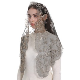 Bozidol Triangle Spanish Catholic Chapel Veil Traditional Church Mass Mantilla Head Covering Prayer Lace Scarf (Black-Gold)