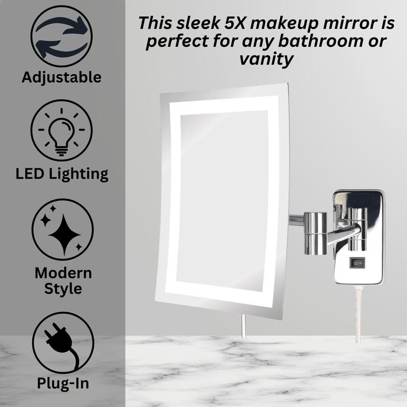 JERDON Rectangular Wall Mount Makeup Mirror - Lighted Makeup Mirror