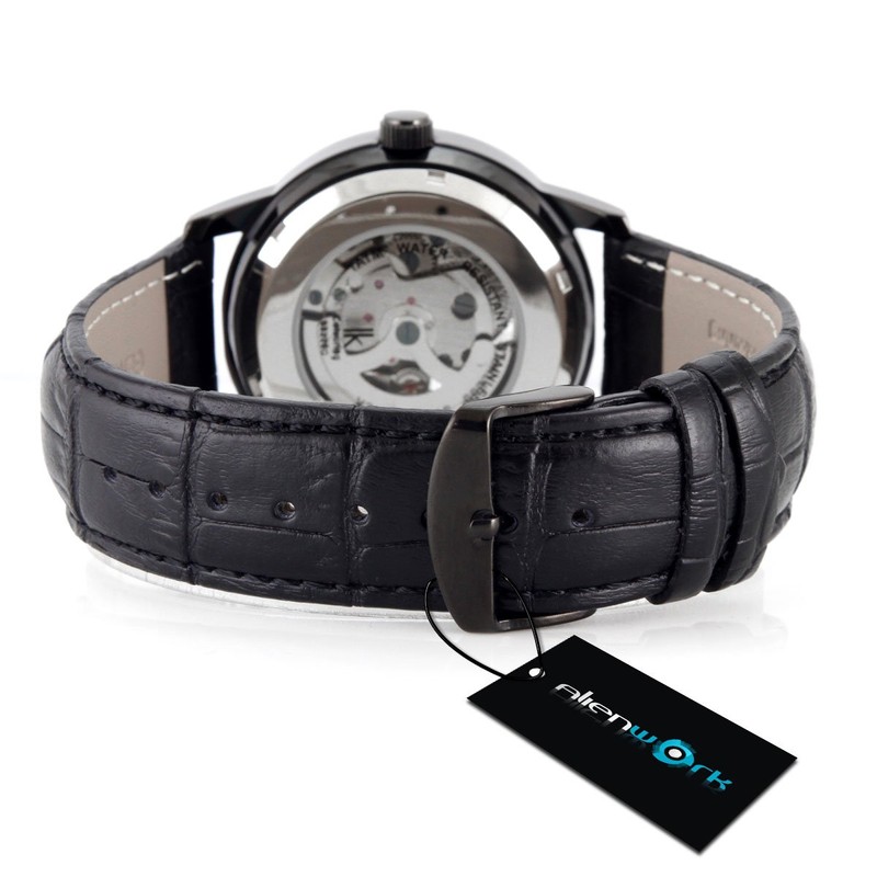 Alienwork IK Automatic Watch Men Women Black Leather Strap Skeleton