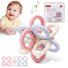 Yaozyety Baby Teething Toys 3 in 1 Silicone Teethers - BPA Free Food Grade Silicone Teething Ring Rattle Toys for Babies 3-6 Months 6-12 Months, Soft & Easy Hold, Baby Chew Toy for Toddlers (Pink)