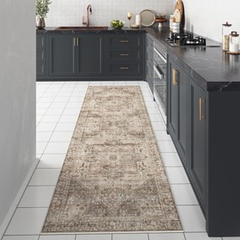 PureCozy Vintage Runner Rug 2x5 Hallway Washable Brown Multi Bedroom Kitchen Indoor Non Slip Long Carpet Traditional Medallion Distressed Retro Accent Throw Rug for Laundry Office Dining Living Room