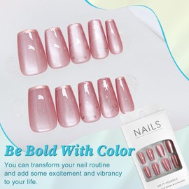 EternalClassic French Tip Cat Eye Press on Nails Medium Coffin Fake Nails Acrylic Nails Press on Full Cover Glue on Nails Glossy False Nails 24pcs Nude Cat Eye Nails