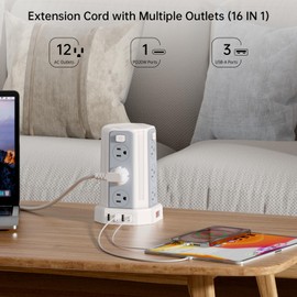 PD 20W Power Strip Surge Protector, 10 Ft Extension Cord with 12 AC Multiple Outlets 4 USB (1 USB C), SMALLRT Power Tower Desktop Charging Station, Home Dorm Room Office Essentials,White