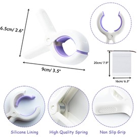 QOPAHI 6pcs Towel Clips for Sun Loungers Large Strong Grip Clothes Pegs Non-Slip Towel Pegs for Sun Lounger Washing Line Laundry Pool Chairs Sunbeds, with Drawstring Organizer（Purple）