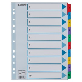 Esselte 100161 A4 1-10 Index, Heavy Duty Cardboard with Mylar Reinforced Tabs, Blue/Multicolour