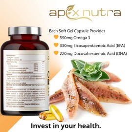 Omega 3 Capsules High Strength 1000mg - Omega 3 Fish Oil Capsules with 330mg EPA & 220mg DHA - Fish Oil Omega 3 Supplement - 4 Month Supply Easy to Swallow - Made in The UK by Apex Nutra