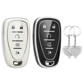 LECART Key Fob Covers for Chevy 2023 2022 2021 Equinox Traverse Malibu Trax Camaro Blazer TPU Key Shell Case 5 Buttons Full Protection Car Key Cover with Bling Key Ring 2 Pack White Black