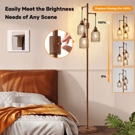 Dimmable Floor Lamp for Living Room, Farmhouse Floor Lamps with Elegant Hanging Cage, 3 x LED Edison Bulbs Included, 68.5" Industrial Standing Light for Bedroom Office Home Decor (Wood)