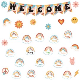 61pcs Retro Welcome Back to School Bulletin Board Welcome Poster Banner Groovy Rainbow Theme Welcome Sign Decor with Glue Point for First Day of Kindergarten Preschool Classroom Decorations