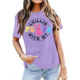 Happy Easter Cute Bunny Shirts Chillin with My Peeps Short Sleeve TopsColor: Purple, Size: S