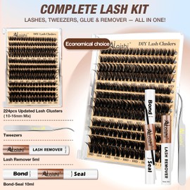AILAISHI Lash Clusters Kit, DIY Cluster Eyelash Extensions 9‑16mm, 60D+80D+100D, 224pcs Fluffy D Curl Natural Lashes with Bond & Seal,Remover,Tweezers,Brush–Fake Cat Eye Individual Clusters