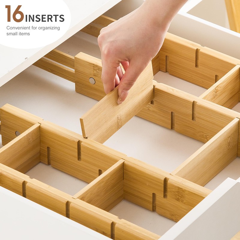 FILWH Bamboo Drawer Dividers with Inserts kitchen drawer organizer Adjustable