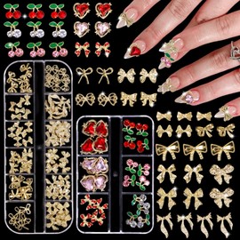 Tatiwoo 18 Styles Gold Bows Nail Charms, Cherry Heart Bow Nail Rhinestones and Charms, Multi Shapes Golden Nails Bowknot Charm Gems for Nails Art Supplies