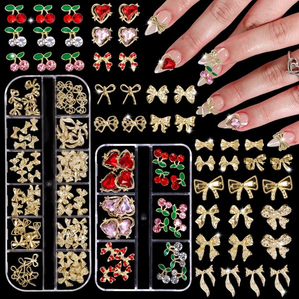 Tatiwoo 18 Styles Gold Bows Nail Charms, Cherry Heart Bow