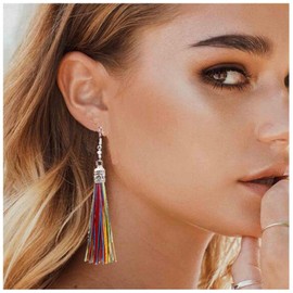 Aneneiceera Boho Colourful Tassel Earrings Lightweight Long Tassel Earrings Silky Tassel Earrings Fringe Tassel Drop Earrings Jewellery for Women and Girls, Metal