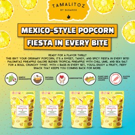 Palomitaz Pineapple Galore Popcorn Sweet & Spicy Mexican-Style Kettle Corn with Pineapple, Chili, Lime & Sea Salt Handcrafted Fruity Snack, Gluten-Free, Vegan, No Artificial Colors, 4 Bags 4oz Each