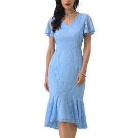 WOMLAYOUT Womens' Lace Floral Dresses Fishtail Formal Cocktail Short Sleeve Midi Dress XX-Large Light Blue