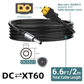 6.6FT DC5521 Male to XT60 Female Power Cord DC Connector to XT60 Adapter 5.5x2.1mm Charging Cable for Drones, FPV Monitor, Power, Portable Charging Stations, Electric Solar Panels etc. (2M)
