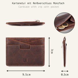 LEDEROW Card Case Men's Brown Bull Leather Thin - Credit Card Holder with Coin Compartment - Mini Wallet Women and Men - Slim Wallet RFID Protection (Bull Brown)