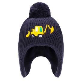 Toddler Boys Winter Hat with Earflap,Kids Cute Embroidery Excavator Knit Beanie Hats Warm Fleece Lined with Pompom Age 1-8 Navy