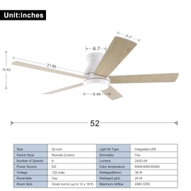 FINXIN Indoor Low Profile Ceiling Fan White LED 52 Ceiling Fans For Bedroom,Living Room,Dining Room Including DC Motor,Light,5-Blades