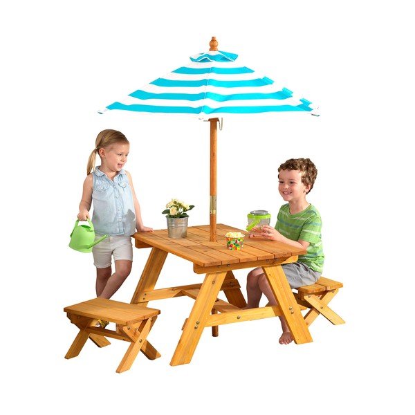 KidKraft Outdoor Wooden Table & Bench Set with Striped Umbrella, Children's Backyard Furniture, Turquoise and White