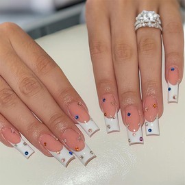 24 Pcs Press On Nails Long Square Nail Tips,YEFIUO Fake Nails Press ons White French Glue on Nails Acrylic Nail Art Kit Full Cover False Nails with Colorful Rhinestones Charms Glitter Design Women