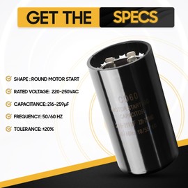 CD60 Round Motor Start Capacitor 50/60 Hz AC Electric Motor Universal Fit for AC Motor Run or Fan Start and Cool or Heat Pump Air (220-250 VAC, 216-259 uf/MFD)