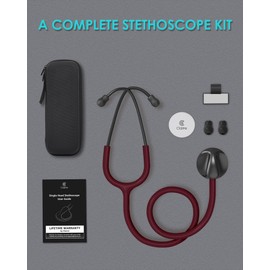 Clairre Lightweight Stethoscopes for Nurses, Doctors and Nursing School Students, Single Head Heartbeat Monitor for Home Use with Accessories (Burgundy Tube, with EVA Case)