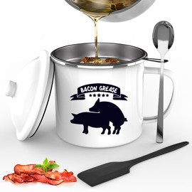 CINNIE&JHIN Bacon Grease Container with Strainer, Enamel Bacon Grease Saver with Silicone Spatula & Spoon, Rustic Farmhouse Bacon Grease Keeper For Kitchen Fat Storage, Dishwasher Safe, 46OZ, White