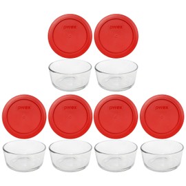 Pyrex (6 7200 Glass Bowls & (6) 7200-PC Poppy Red Lids Made in the USA