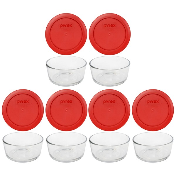 Pyrex (6 7200 Glass Bowls & (6) 7200-PC Poppy Red