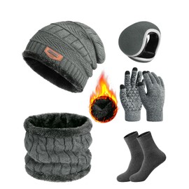 Vijamiy Winter Hats for Mens 5PCS Thermal Woolly Hat Scarf Gloves Set Ear Muffs Men Neck Warmer Touch Screen Gloves and Fleece Socks for Skiing Hiking Driving(Gray)