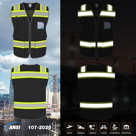 TCCFCCT Safety Vest for Men Women 5 Pockets Mesh High Visibility Reflective Vest with Reinforced Zipper, Durable Construction Work Vest with Fluorescent Orange Edge, Meets ANSI/ISEA, DW-Black, L